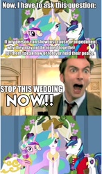 Size: 563x960 | Tagged: safe, screencap, princess cadance, princess celestia, queen chrysalis, shining armor, alicorn, changeling, changeling queen, pony, unicorn, a canterlot wedding, blazer, caption, clothes, comic, david tennant, doctor who, fake cadance, green eyes, hypnotized, necktie, overcoat, roflbot, sarah jane adventures, shirt, tenth doctor, text