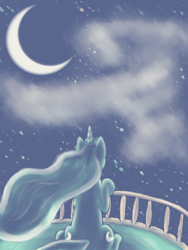 Size: 1200x1600 | Tagged: safe, artist:causticeichor, princess luna, alicorn, pony, balcony, both cutie marks, crescent moon, limited palette, moon, night, sitting, solo, stars