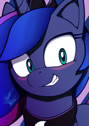 Size: 850x1200 | Tagged: safe, artist:fuzon-s, princess luna, alicorn, pony, blushing, faic, grin, looking at you, portrait, smiling, solo, wide eyes