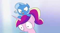 Size: 1366x768 | Tagged: safe, artist:doublewbrothers, derpibooru import, screencap, princess cadance, trixie, alicorn, pony, thought crimes, animated at source, duo, filly, gradient background, teen princess cadance, tongue out