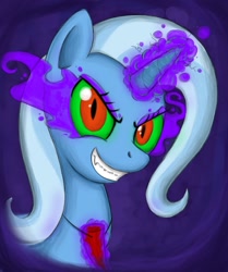 Size: 1045x1251 | Tagged: safe, artist:otakuap, derpibooru import, king sombra, trixie, pony, unicorn, bust, colored horn, curved horn, dark magic, female, horn, mare, portrait, possessed, solo, sombra eyes, sombra's horn