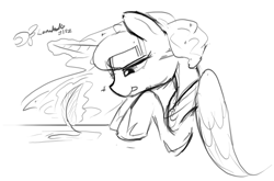 Size: 1280x843 | Tagged: safe, artist:darkflame75, princess luna, alicorn, pony, drawing, levitation, lunadoodle, magic, monochrome, quill, sketch, solo, telekinesis, tongue out