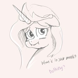 Size: 1350x1350 | Tagged: source needed, safe, artist:ab, princess celestia, alicorn, pony, cute, cutelestia, dialogue, full mouth, monochrome, pov, scrunchy face, solo