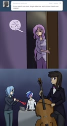 Size: 700x1320 | Tagged: safe, artist:7nights, dj pon-3, octavia melody, princess celestia, princess luna, vinyl scratch, human, ask, ask human luna, cello, humanized, musical instrument, s1 luna, tumblr, vuvuzela