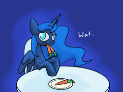 Size: 800x600 | Tagged: safe, artist:karlaandbliss, princess luna, alicorn, pony, carrot, dialogue, eating, horses doing horse things, looking at you, lunadoodle, plate, seat, sitting, solo, table