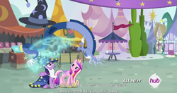 Size: 1150x609 | Tagged: safe, screencap, discord, princess cadance, twilight sparkle, twilight sparkle (alicorn), alicorn, pony, three's a crowd, blue flu, female, hub logo, mare, meme, youtube caption