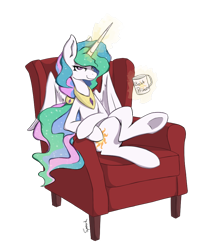 Size: 846x944 | Tagged: safe, artist:spaerk, princess celestia, alicorn, pony, best pony, chair, coffee mug, crossed legs, female, glowing horn, leaning back, levitation, looking at you, magic, mare, mug, simple background, sitting, smug, solo, telekinesis, transparent background, underhoof