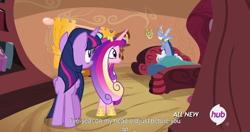 Size: 1152x609 | Tagged: safe, screencap, discord, princess cadance, twilight sparkle, twilight sparkle (alicorn), alicorn, pony, three's a crowd, blue flu, female, hub logo, mare, meme, youtube caption