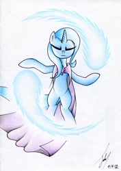 Size: 1161x1643 | Tagged: safe, artist:jacquibim, derpibooru import, trixie, pony, unicorn, blue coat, female, horn, magic, mare, solo, two toned mane