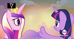 Size: 1152x609 | Tagged: safe, screencap, princess cadance, twilight sparkle, twilight sparkle (alicorn), alicorn, pony, three's a crowd, female, hub logo, mare, meme, youtube caption