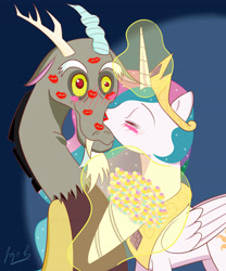 Size: 3543x4251 | Tagged: safe, artist:blustarpencil, discord, princess celestia, alicorn, pony, blushing, bouquet, dislestia, female, kissing, magic, male, shipping, straight