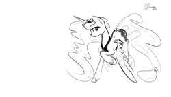 Size: 1280x720 | Tagged: safe, artist:darkflame75, princess luna, alicorn, pony, looking at you, lunadoodle, monochrome, sketch, solo, spread wings