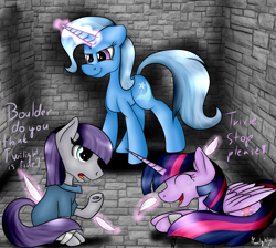 Size: 5385x4818 | Tagged: safe, artist:moonlight0shadow0, derpibooru import, boulder (pet), maud pie, trixie, twilight sparkle, twilight sparkle (alicorn), alicorn, earth pony, pony, unicorn, absurd resolution, chained, chains, dialogue, dungeon, eyes closed, feather, female, fetish, lesbian, levitation, magic, mauxie, open mouth, raised hoof, shipping, sitting, smiling, spread wings, telekinesis, tickle fetish, tickle torture, tickling, twixie