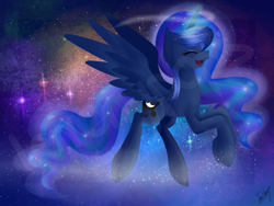 Size: 1400x1050 | Tagged: safe, artist:lemonypops, princess luna, alicorn, pony, magic, smiling, solo, space