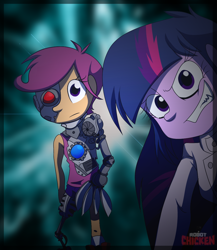 Size: 1000x1152 | Tagged: safe, artist:fj-c, scootaloo, twilight sparkle, cyborg, equestria girls, robot chicken, scootachicken