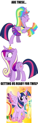 Size: 1069x3380 | Tagged: safe, applejack, fluttershy, princess cadance, twilight sparkle, twilight sparkle (alicorn), alicorn, earth pony, pegasus, pony, rainbow falls, three's a crowd, cheerleader sparkle, female, image macro, mane swap, mare, question, rainbow power