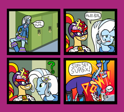 Size: 1338x1208 | Tagged: safe, artist:oneovertwo, sunset shimmer, trixie, equestria girls, comic, knockout, lucha libre, luchador, suplex, trixie enemy of, trixie enemy of a rare situation