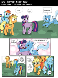 Size: 1000x1333 | Tagged: safe, artist:crystal-secret, derpibooru import, applejack, rainbow dash, trixie, twilight sparkle, earth pony, pegasus, pony, blushing, comic, ear bite, female, hug, lesbian, shipping, the great and powerful countdown, twixie