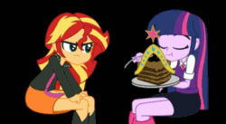 Size: 510x280 | Tagged: safe, artist:khuzang, sunset shimmer, twilight sparkle, human, equestria girls, :t, animated, big crown thingy, black background, cake, clothes, cute, do you want this cake, duo, eating, eyes closed, feeding, female, frown, glare, good end, happy, open mouth, raised eyebrow, school uniform, sharing, shimmerbetes, simple background, sitting, skirt, smiling, spoon, twiabetes, weapons-grade cute, youtube link