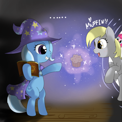 Size: 1260x1260 | Tagged: safe, artist:hoyeechun, derpibooru import, derpy hooves, pinkie pie, trixie, earth pony, pony, book, fourth wall, grin, happy, heart, magic, muffin, stage