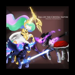 Size: 1800x1800 | Tagged: safe, artist:animatorrawgreen, king sombra, princess celestia, princess luna, alicorn, pony, unicorn, armor, fall of the crystal empire, glowing eyes, halberd, magic, scythe, sombra eyes, sword, warrior celestia, warrior luna, weapon