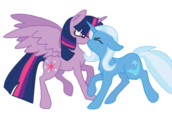 Size: 1012x744 | Tagged: safe, artist:littlecrazygirl14, derpibooru import, trixie, twilight sparkle, twilight sparkle (alicorn), alicorn, pony, cute, diatrixes, eyes closed, female, kissing, lesbian, shipping, simple background, twixie