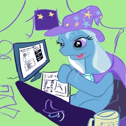 Size: 900x900 | Tagged: safe, artist:chiapetofdoom, derpibooru import, trixie, pony, unicorn, blue coat, computer, female, horn, mare, solo, two toned mane