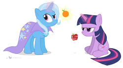 Size: 1500x825 | Tagged: safe, artist:dm29, derpibooru import, trixie, twilight sparkle, apple, female, lesbian, magic, orange, shipping, simple background, transparent background, twixie, vector