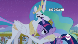 Size: 1366x768 | Tagged: safe, screencap, princess celestia, twilight sparkle, twilight sparkle (alicorn), alicorn, pony, twilight's kingdom, cocaine, dr rockso, drugs, female, hub logo, image macro, mare, meme, metalocalypse