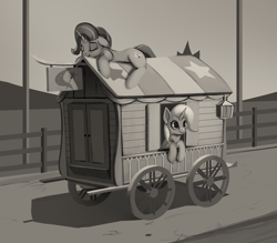 Size: 800x700 | Tagged: safe, artist:rodrigues404, derpibooru import, starlight glimmer, trixie, pony, unicorn, cute, diatrixes, duo, duo female, eyes closed, female, floppy ears, glimmerbetes, grayscale, leaning, mare, monochrome, prone, resting, sleeping, smiling, trixie's wagon