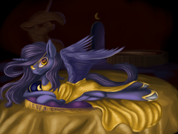 Size: 4000x3000 | Tagged: safe, artist:crazypon3, princess luna, alicorn, pony, bed, clothes, dress, looking at you, pillow, prone, solo