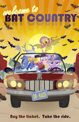 Size: 600x927 | Tagged: safe, artist:pixelkitties, discord, fluttershy, princess cadance, twilight sparkle, twilight sparkle (alicorn), alicorn, bat, bat pony, draconequus, pony, bats!, three's a crowd, apple, bat country, blue flu, car, convertible, driving, fear and loathing in las vegas, female, flutterbat, flying, hunter s. thompson, male, mare, race swap, sunglasses, twilight scepter