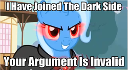 Size: 643x354 | Tagged: safe, artist:grumbeerkopp, derpibooru import, edit, edited screencap, screencap, trixie, pony, unicorn, magic duel, alicorn amulet, cape, clothes, dark side, evil, female, glowing eyes, grin, image macro, looking at you, mare, meme, ponyville, red eyes, smiling, smirk, solo, text, town hall, trixie yells at everything, your argument is invalid
