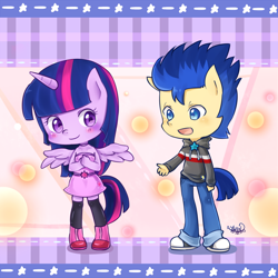 Size: 800x800 | Tagged: safe, artist:shotaconyhin, flash sentry, twilight sparkle, anthro, equestria girls, blushing, chibi, clothes, cute, dress, female, flashlight, horn, male, pony ears, shipping, straight, tail, wings
