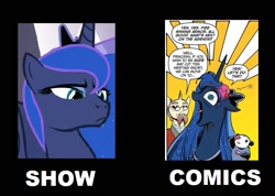 Size: 845x600 | Tagged: safe, idw, princess luna, tiberius, alicorn, pony, comics, comparison, flanderization