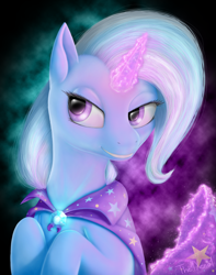 Size: 600x760 | Tagged: safe, artist:the1xeno1, derpibooru import, trixie, pony, unicorn, female, glowing horn, magic, mare, solo, trixie's cape