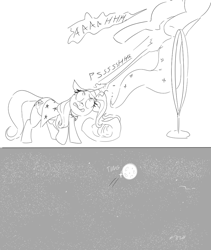 Size: 832x986 | Tagged: safe, artist:dotkwa, derpibooru import, princess luna, trixie, alicorn, pony, unicorn, comic, duo, duo female, female, floppy ears, full moon, grayscale, magic, mare, monochrome, moon, night, night sky, raised hoof, stars, to the moon