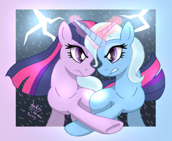 Size: 1090x900 | Tagged: safe, artist:joakaha, derpibooru import, trixie, twilight sparkle, magic duel