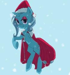 Size: 1594x1708 | Tagged: safe, artist:white-pilled, derpibooru import, trixie, pony, unicorn, cloak, clothes, female, hat, mare, santa hat, smiling, snow, solo