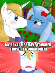 Size: 500x656 | Tagged: safe, artist:konfettimayhem, derpibooru import, edit, edited screencap, screencap, prince blueblood, trixie, pony, unicorn, the best night ever, anti-shipping, bluetrix, female, flower, imgflip, kissing, male, mare, meme, rose, shipping, shipping denied, straight, worry