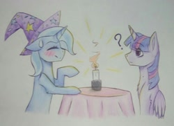 Size: 2038x1485 | Tagged: safe, artist:artica69, derpibooru import, trixie, twilight sparkle, twilight sparkle (alicorn), alicorn, pony, blushing, candle, cute, date, dinner, eyes closed, female, lesbian, nervous, question mark, shipping, sketch, sweat, sweatdrop, table, trixie's hat, twixie