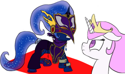 Size: 1254x743 | Tagged: safe, artist:flutteriot, nightmare moon, princess celestia, princess luna, alicorn, pony, angry, cia (zelda), clothes, crossover, cute, dress, filly, floppy ears, frown, glare, gold, gritted teeth, hyrule warriors, jewelry, mask, nightmare luna, nightmare woon, pink hair, pink-mane celestia, simple background, the legend of zelda, transparent background, vector, wide eyes, woona