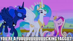 Size: 960x540 | Tagged: safe, screencap, princess cadance, princess celestia, princess luna, alicorn, pony, twilight's kingdom, eyes closed, faggot, image macro, meme, open mouth, singing, slur, smiling, spread wings, ur a faget, vulgar, you'll play your part