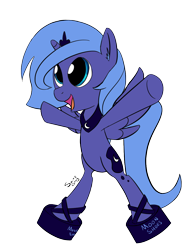 Size: 910x1200 | Tagged: safe, artist:saine grey, princess luna, alicorn, pony, bipedal, cute, filly, moon shoes, simple background, solo, woona