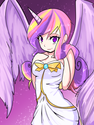 Size: 2250x3000 | Tagged: safe, artist:acharmingpony, princess cadance, human, clothes, horned humanization, humanized, solo, spread wings, strapless, tailed humanization, winged humanization