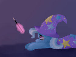 Size: 1280x960 | Tagged: safe, artist:universe-fairy, derpibooru import, trixie, pony, unicorn, crying, female, magic, mare, solo, telekinesis, trixie's cape, trixie's hat, wand