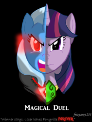 Size: 1700x2252 | Tagged: safe, artist:stepany1234, derpibooru import, trixie, twilight sparkle, unicorn twilight, pony, unicorn, magic duel, alicorn amulet, angry, dark magic, duo, female, glare, glowing eyes, magic, mare, open mouth, poster, red eyes, rivalry, scene interpretation