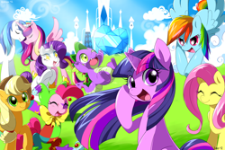 Size: 1500x1000 | Tagged: safe, artist:jiayi, applejack, fluttershy, pinkie pie, princess cadance, rainbow dash, rarity, shining armor, spike, twilight sparkle, unicorn twilight, alicorn, dragon, earth pony, pegasus, pony, unicorn, blue sky, crystal empire, crystal heart, eyes closed, female, grass field, hat, looking at you, male, mane seven, mane six, mare, open mouth, smiling, stallion