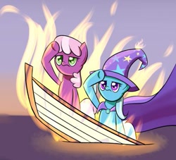 Size: 409x371 | Tagged: safe, artist:paradigmpizza, derpibooru import, cheerilee, trixie, fire, reaction image, ship sinking, sinking, trixilee