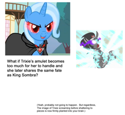 Size: 650x600 | Tagged: safe, derpibooru import, edit, edited screencap, screencap, king sombra, trixie, pony, unicorn, magic duel, female, imminent death, implied death, mare, meta, text